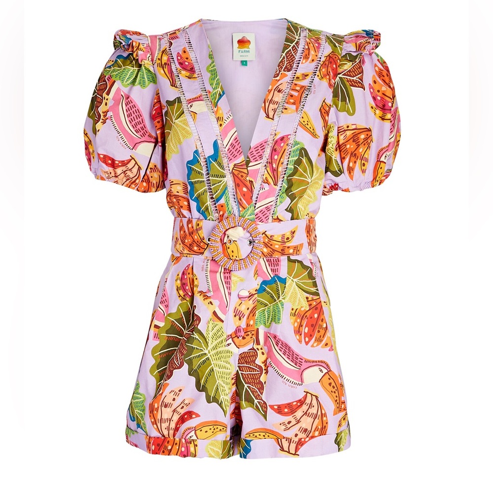 FARM Rio Women's Beaks & Bananas Ruffle Puff Sleeve Romper | size M